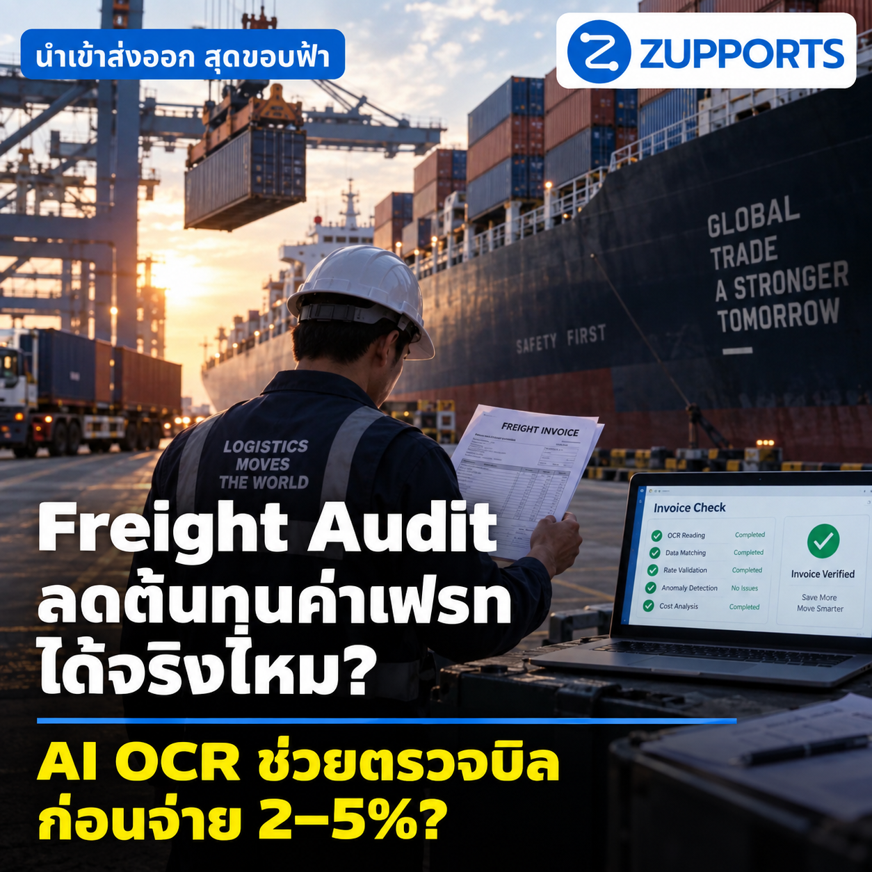 ภาพ Freight Invoice / Shipping Document บนโต๊ะหรือหน้าจอ Dashboard พร้อมข้อความ: “Freight Audit: บิลค่าเฟรทนี้ จ่ายถูกจริงหรือ?”